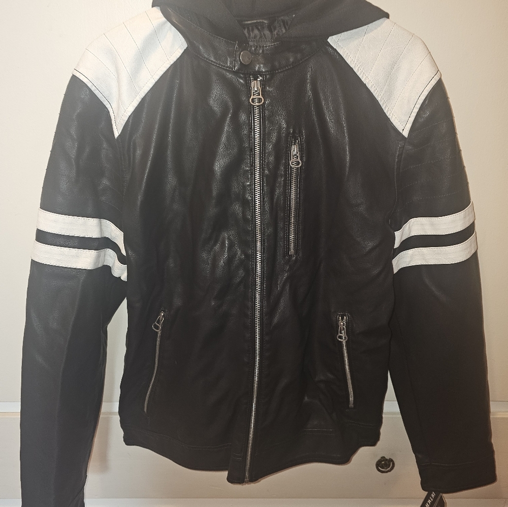 WILSONS Leather Motorcycle Jacket, Black & White, Mens Small